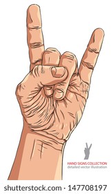 Rock on hand sign, rock n roll, hard rock, heavy metal, music, detailed vector illustration.