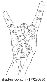 Rock on hand sign, rock n roll, hard rock, heavy metal, music, detailed black and white lines vector illustration, hand drawn.