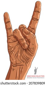Rock on hand sign, rock n roll, hard rock, heavy metal, music, detailed lines vector illustration, hand drawn.