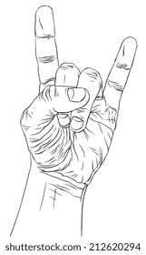 Rock on hand sign, rock n roll, hard rock, heavy metal, music, detailed black and white lines vector illustration, hand drawn.
