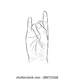 Rock on hand sign, rock n roll, hard rock, heavy metal, music, detailed  white and black vector illustration.