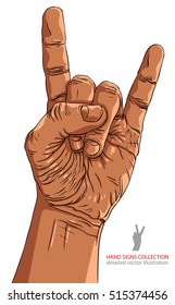 Rock on hand sign, rock n roll, hard rock, heavy metal, music, detailed lines vector illustration, hand drawn.