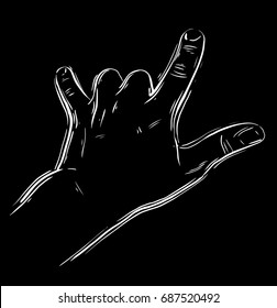 Rock on hand sign, rock n roll, hard rock, heavy metal, music, detailed black and white vector illustration.