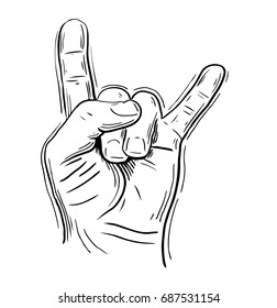 Rock on hand sign, rock n roll, hard rock, heavy metal, music, detailed black and white vector illustration.