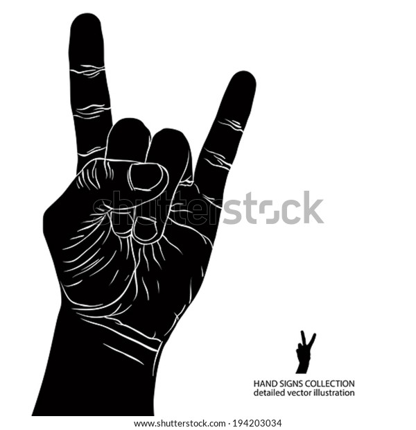 手元の岩石のサイン ロックンロール ハードロック ヘビーメタル 音楽 詳細な白黒のベクターイラスト のベクター画像素材 ロイヤリティフリー