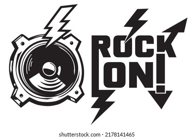 Rock on - música rock emblema blanco y negro con altavoz