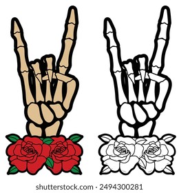 Rock en mano de calavera con ilustración de rosas rojas. Metal, roca sobre Vector gestual