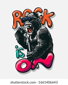 rock is on slogan with cartoon gorilla in sunglasses and microphone illustratioin