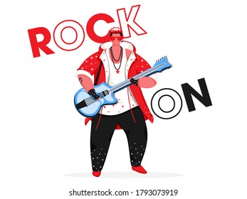 Rock On Text con un joven tocando guitarra con fondo blanco.