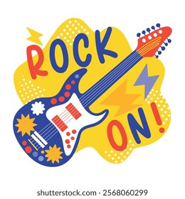 Rock on typography with an electric guitar, flat sticker