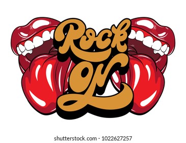 Rock on. Vector handwritten lettering made in 90's style with hand drawn illustration of open mouth with tongue. Template for card, poster, banner, label,  print for t-shirt.