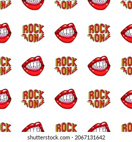 "Rock on" word patches and open mouths showing teeth seamless pattern. Pop art style background. 