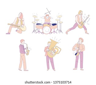 Rock and orchestra musicians isolated characters music industry vector guitar and drums bass and saxophone trumpet show or concert live sound guitarist and drum player bassist and saxophonist