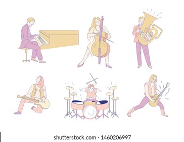 Rock and orchestra musicians isolated characters music concert vector guitar and drums bass and piano trumpet and cello show live sound guitarist, and drum player bassist and pianist violoncellist