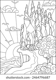 A rock over the sea, a rock that looks like a castle and the road to it - a vector linear picture for coloring. Outline. Seagulls over the sea and the setting sun.