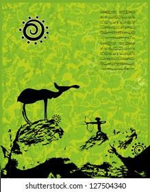 Rock Painting with animals, hunters and warriors. Vector primitive illustration.