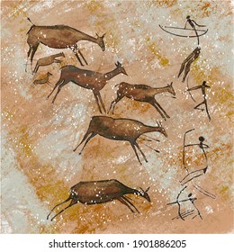 Rock painting in a cave, hunters and a herd of antelopes. Vector illustration.