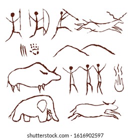 Rock painting cave old art symbol hand drawn vector illustration  Prehistoric animal   traditional primitive people hunting ornament isolated white background