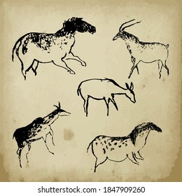 Rock painting cave old art symbol hand drawn vector illustration. Prehistoric animal art of primitive people, ornament on old paper.