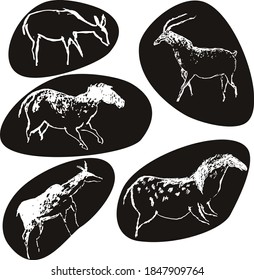 Rock painting cave old art symbol hand drawn vector illustration. Prehistoric animal art of primitive people, ornament isolated on black stones.