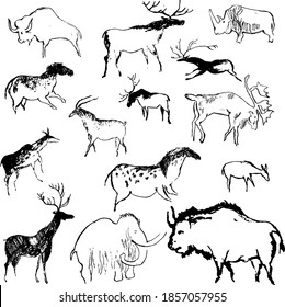 Rock painting cave old art symbol hand drawn vector illustration  Prehistoric animal art primitive people  ornament isolated white background 