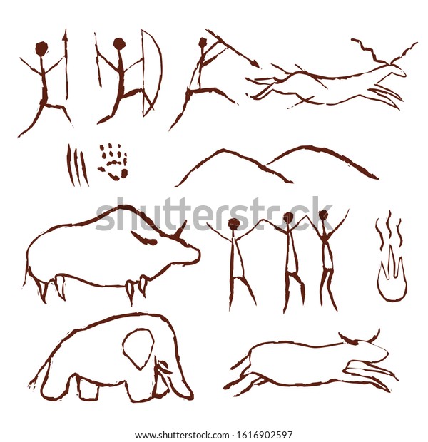Rock painting cave
old art symbol hand drawn vector illustration. Prehistoric animal
and traditional primitive people hunting ornament isolated on white
background