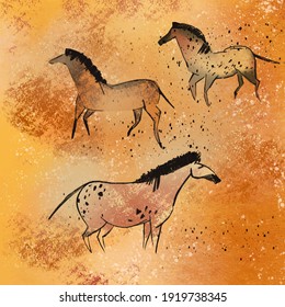 Rock painting in a cave, three horses. Vector illustration.