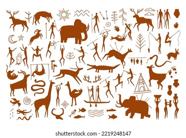 Rock Painting. Caveman Life Scenes, Prehistoric Hunter Cave Drawings And Wild Ancient Animals Silhouettes. Stone Age Art Vector Set Of Ancient Tribal Painting Illustration