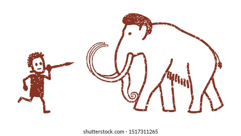 Rock Painting Depicting A Mammoth Hunter. Vector Illustration, Flat Design Style. Isolated On A White Background.