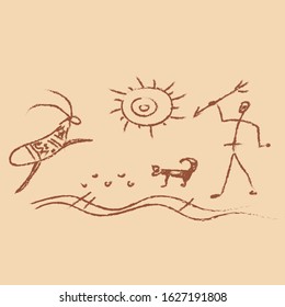 Rock painting of man and animals. Vector graphics. Cave people