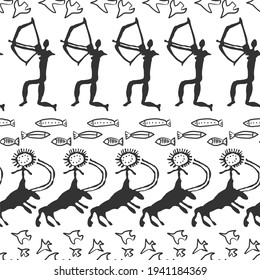 Rock paintings of ancient people on a white background. Pattern. Vector.
