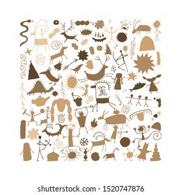 Rock paintings background, sketch for your design. Vector illustration