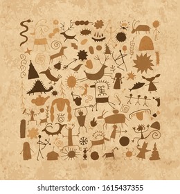Rock paintings background, sketch for your design. Vector illustration