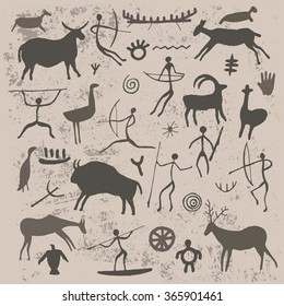 Rock paintings. Cave drawings of hunter, animals and symbols 