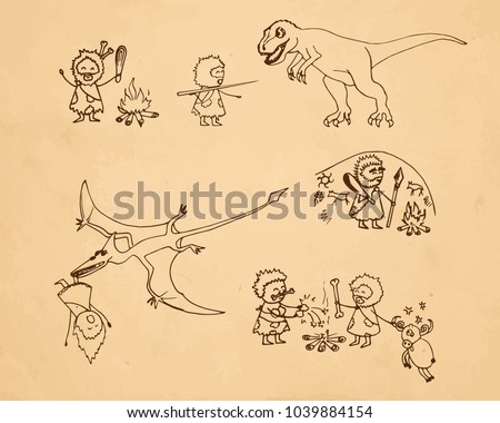 Rock Paintings Doodle Illustrations Of Dinosaurs And Cave Men Funny Vector Set Rock Paintings Doodle Illustrations Of Dinosaurs And Cave Men Funny Vector Set