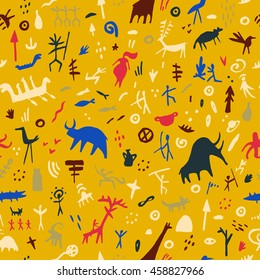Rock paintings with ethnic people and animals, seamless pattern, vector illustration. Prehistoric art print.