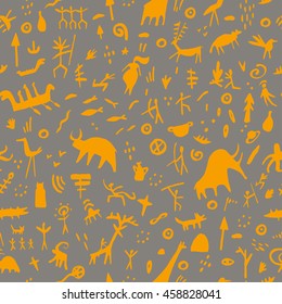Rock paintings with ethnic people and animals, seamless pattern, vector illustration. Prehistoric art print.