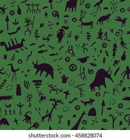 Rock paintings with ethnic people and animals, seamless pattern, vector illustration. Prehistoric art print.