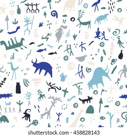 Rock paintings with ethnic people and animals, seamless pattern, vector illustration. Prehistoric art print.