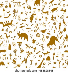 Rock paintings with ethnic people and animals, seamless pattern, vector illustration. Prehistoric art print.