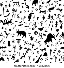 Rock paintings with ethnic people and animals, seamless pattern, vector illustration. Prehistoric art print.