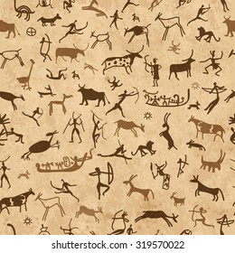 Rock paintings and ethnic people  seamless pattern  vector illustration