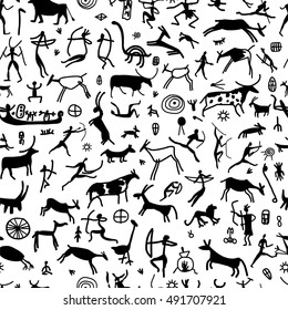 Rock paintings with ethnic people, seamless pattern, vector illustration