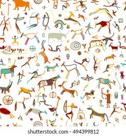 Rock paintings with ethnic people, seamless pattern