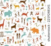 Rock paintings pattern. Prehistoric painted cave wall, stone age art of primitive people and cave drawings seamless vector illustration of cave ancient pattern art