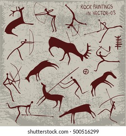 Rock paintings.Hunting scenes.Vector set.