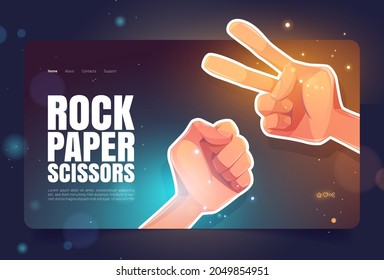 Banner de rock, papel, tijeras con las manos en puño y símbolo de victoria. Página de aterrizaje de vectores del juego de gestos de mano con ilustración de dibujos animados de armas humanas jugando en el juego de gestos