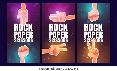 Rock, papel, tijeras pancartas con gestos de mano. Banderas verticales vectoriales del juego de gesto, competencia divertida con ilustración de caricatura de la palma humana y los brazos en el símbolo de puño y victoria