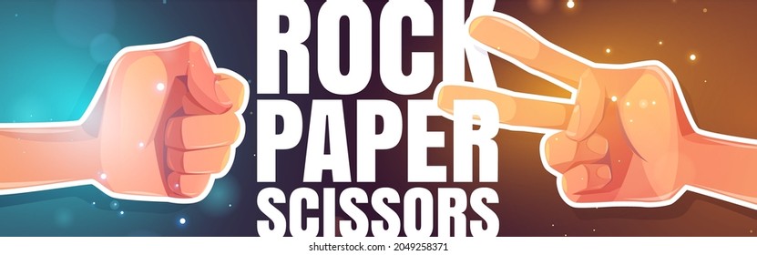 Rock, paper, scissors cartoon banner with human hands playing game showing fingers gestures. Friends challenge, competition, decision and strategy for win, people playing fun, Vector illustration