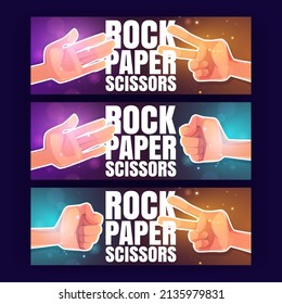 Rock, papel, tijeras caricaturistas carteles con las manos humanas jugando juego mostrando los gestos de los dedos. Desafío de los amigos, competencia, decisión y estrategia para ganar, gente jugando diversión, ilustración de vectores